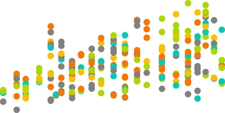 Decorative graphic of orange, yellow, green, teal, and gray dots arranged in rising columns, like a scatter plot